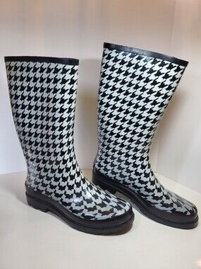Rampage Tall Rubber Rain BOOTS Womens Size 9 Black & White Houndstooth Pattern